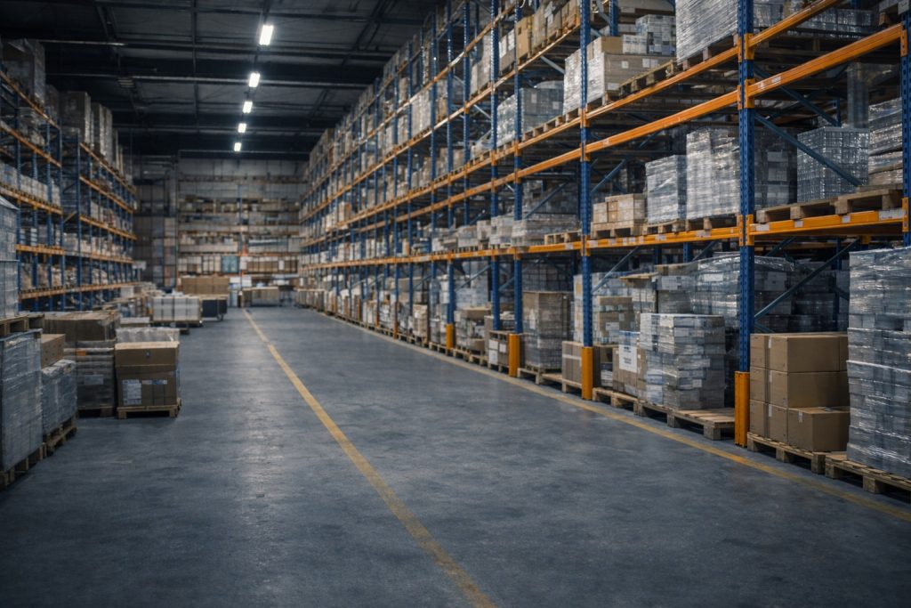 Eine gut befüllte Lagerhalle mit mehreren Hochregalen