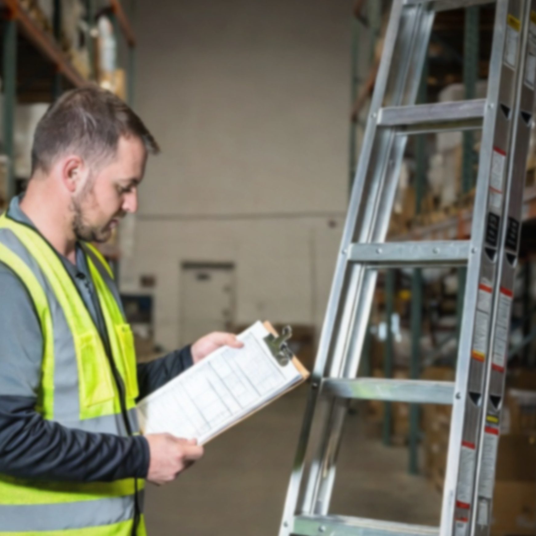 Ein Prüfer in Schutzausrüstung der eine Leiter in einer Lagerhalle prüft