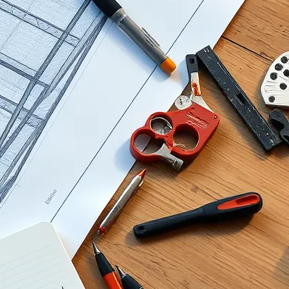 Ein Tisch auf dem verschiedene Pläne, Stifte und Werkzeuge verteilt liegen.