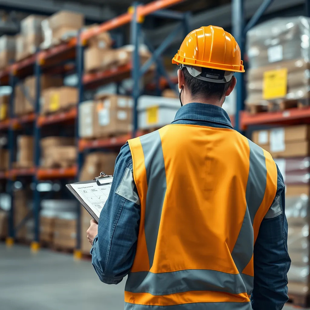 Ein Prüfer in Schutzausrüstung steht in einer gut befüllten Lagerhalle zwischen mehreren Hochregalen.